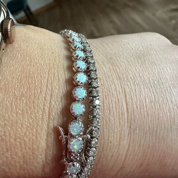 Neiman Marcus 18K White Gold Plated Crown Created Opal Tennis Bracelet - Picture 1 of 6